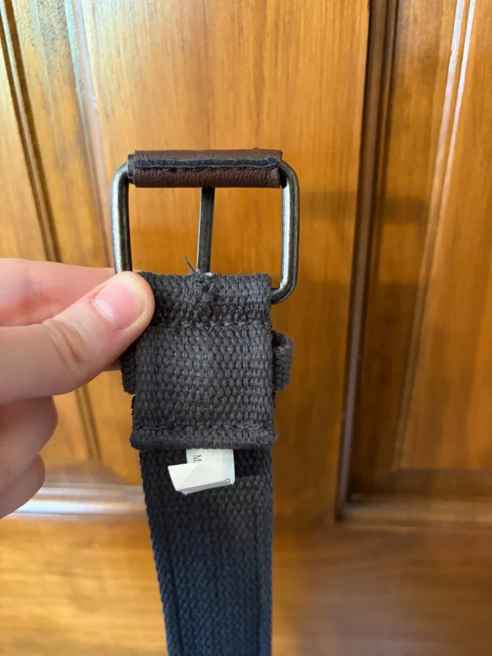 Charcoal Gray Canvas Web Belt Gunmetal Buckle Faux Leather Trim Size 32